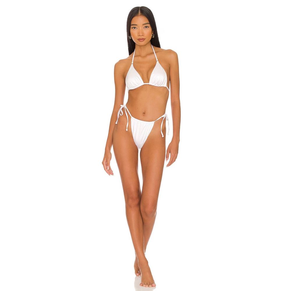 Good American Foiled Tiny Ties Triangle Bikini Top in Metallic White Size 2 - Picture 3 of 10